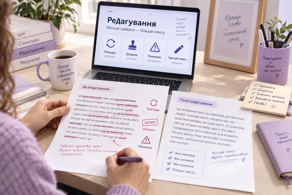 Як зробити редагування тексту після ChatGPT: прибрати повтори, штампи та помилки